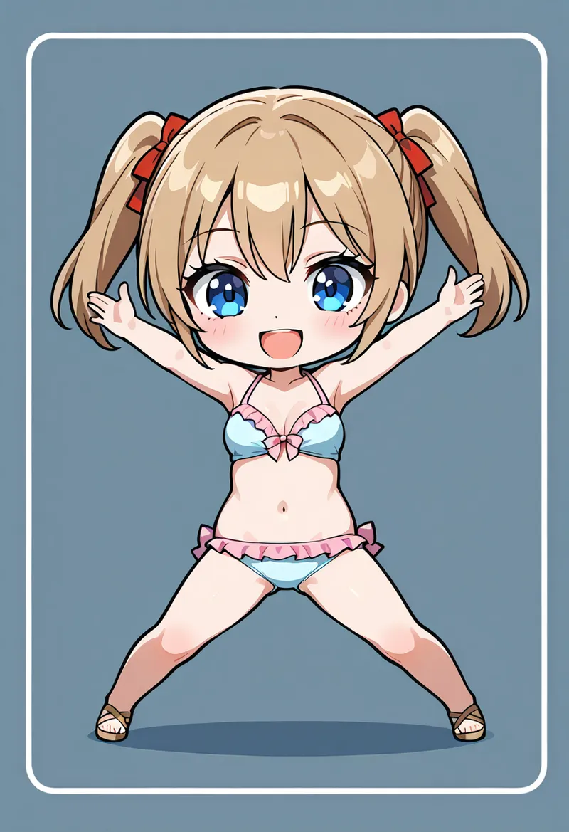 赤いリボンのツインテールに青い瞳が輝く、水色と白のツーピース水着を着た美少女のイラストです。ダイナミックなポーズで満面の笑みを浮かべ、アニメ調の優しいタッチで描かれた元気溢れる一枚。
