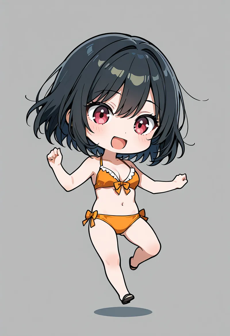 黒いショートボブの髪と大きなピンク色の瞳が印象的な、明るい笑顔の少女です。オレンジと白の水着を身に纏い、ジャンプする動きで夏の楽しさを表現したアニメ調イラストです。