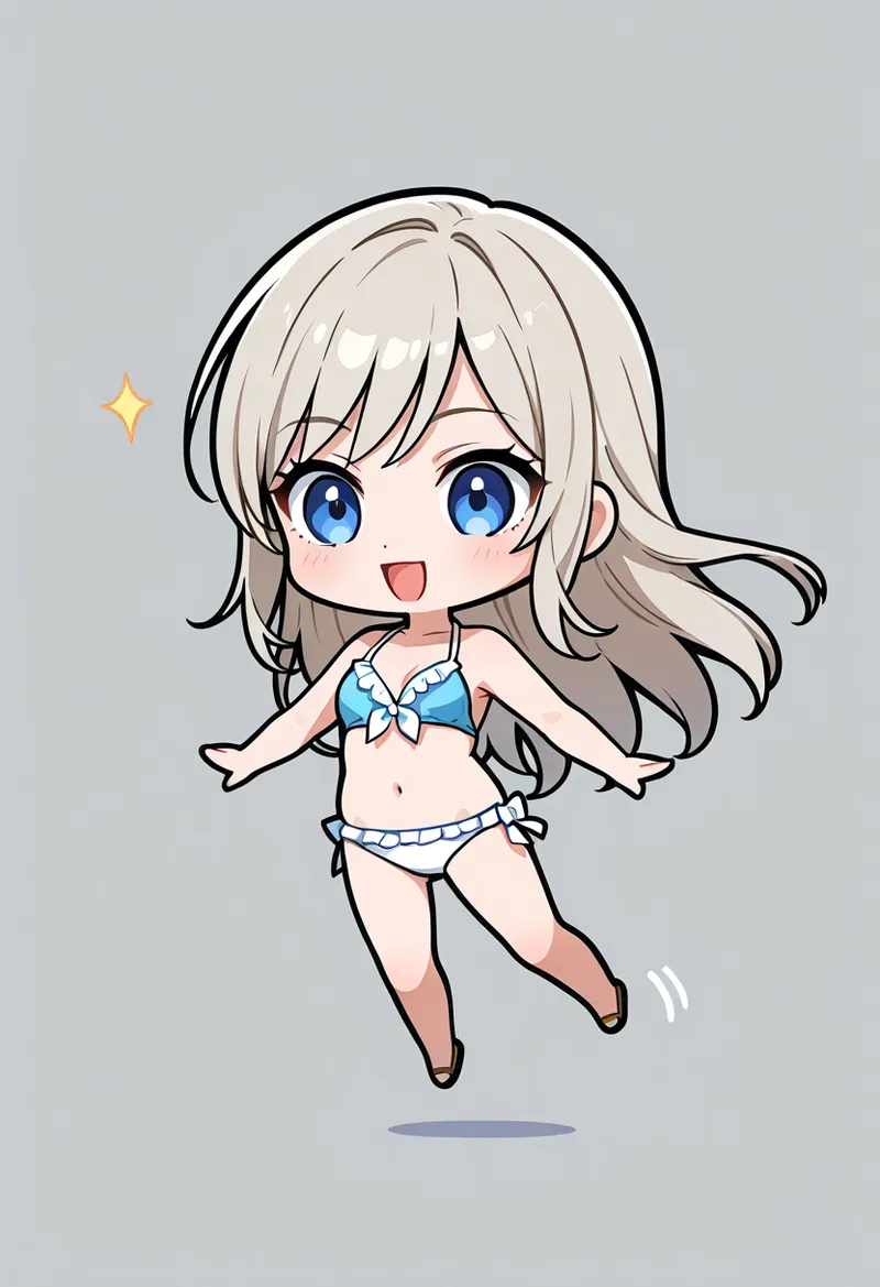 青い瞳が輝く銀髪の少女が、水色のリボン付き水着で楽しそうにジャンプしている。アニメ調の柔らかいタッチで描かれた、明るく元気な表情が魅力的なイラストです。
