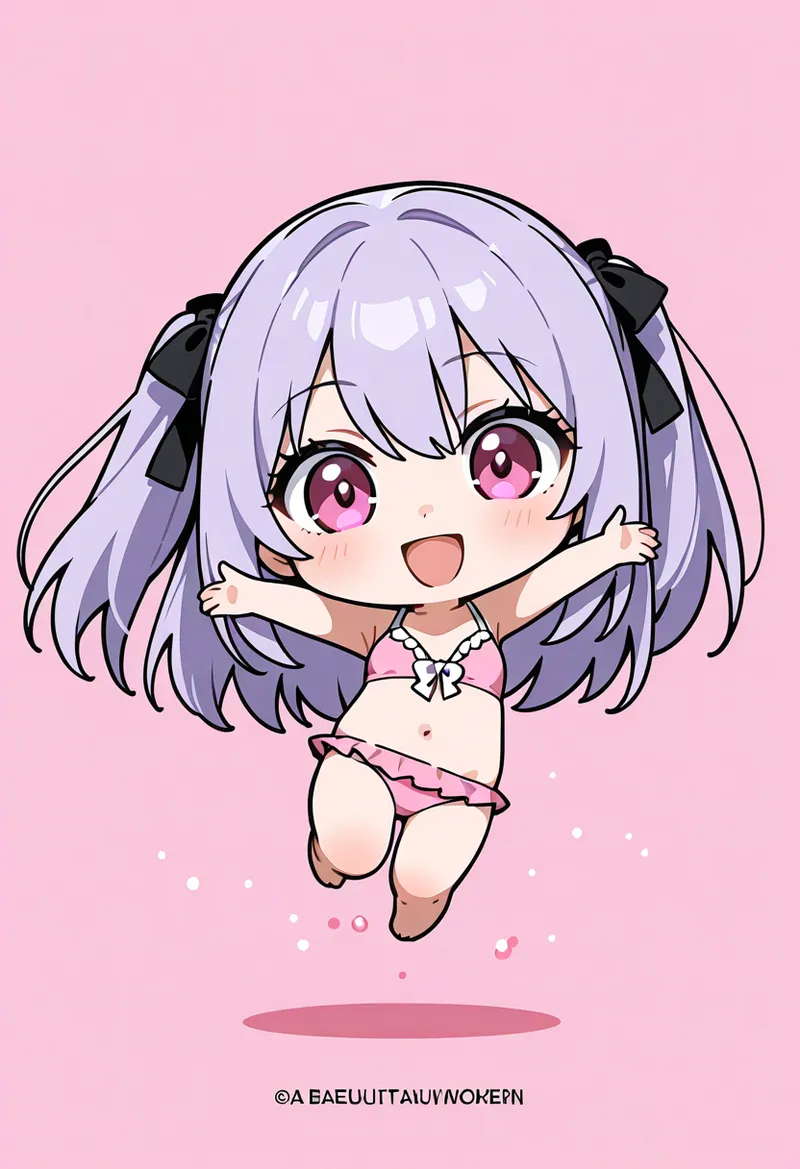 ふんわりとした紫髪にリボン飾りをあしらった美少女が、ピンク背景でジャンプしながら満面の笑みを浮かべています。アニメ調のかわいらしいキャラクターイラストです。