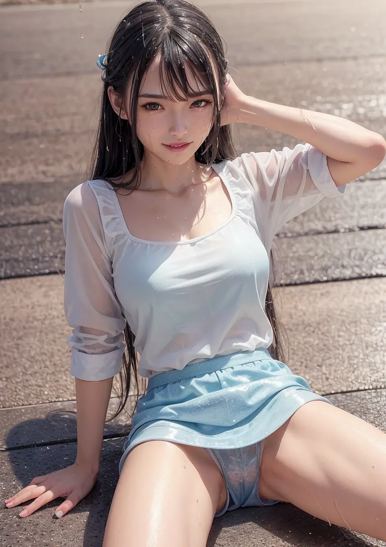 屋外の舗装面で長髪をまとめた清楚な表情の少女が、白いカットソーと青いデニムスカートでカジュアルに微笑んでいます。春夏の日差しが心地よく映り込むポートレートです。