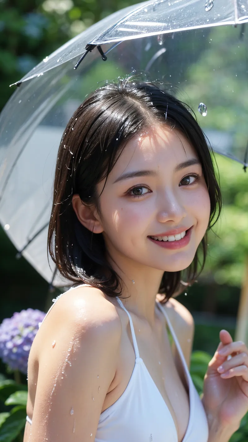透明な傘を差しながら、しっとりした髪と清潔感のある表情で微笑む美少女のポートレート。紫陽花と緑に囲まれた屋外で、雨粒が輝く肌に映える爽やかな一瞬を捉えた作品です。