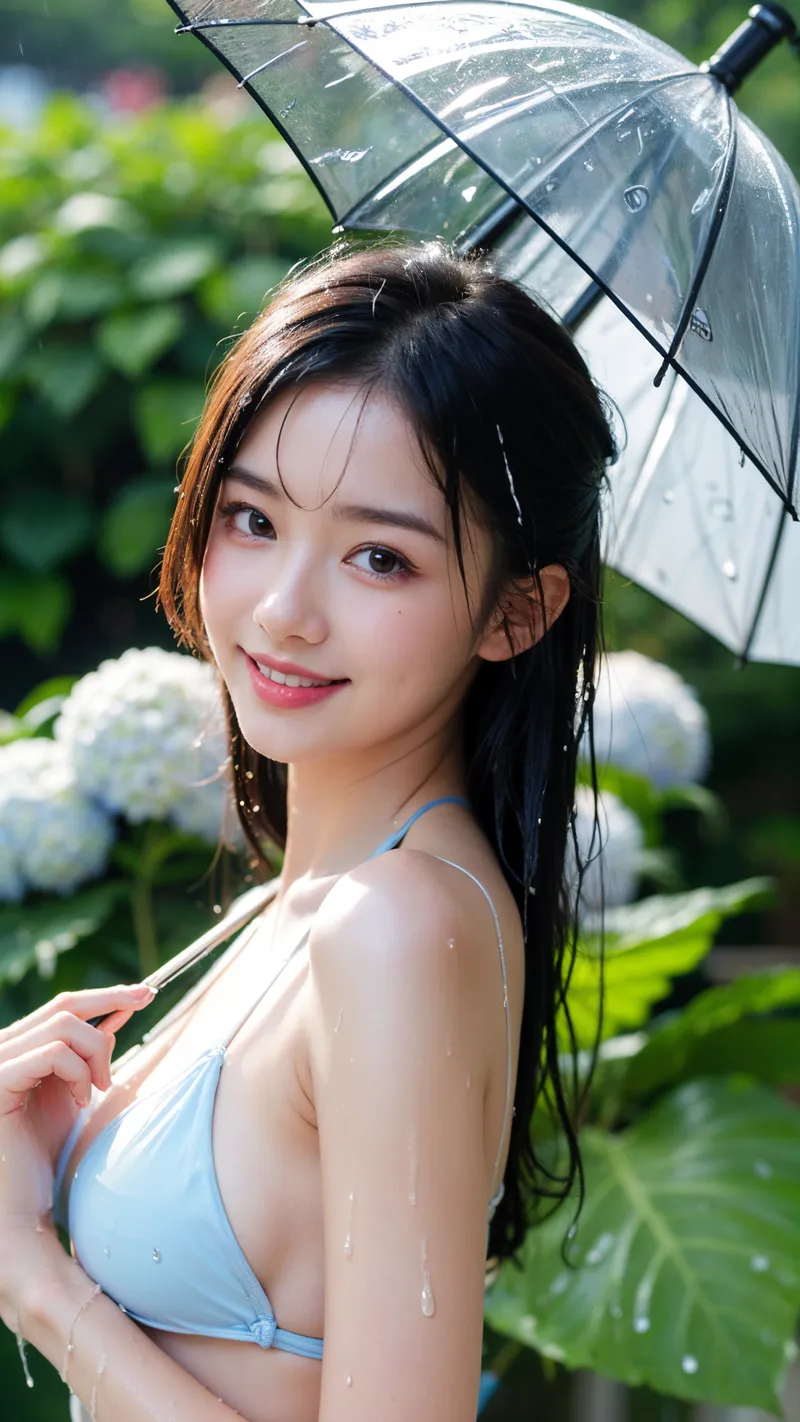 透明な傘を差しながら、紫陽花咲く梅雨の庭園で振り返る美少女のポートレート。雨に濡れた黒髪と優雅な表情、緑に包まれた屋外での自然な瞬間を捉えた一枚です。